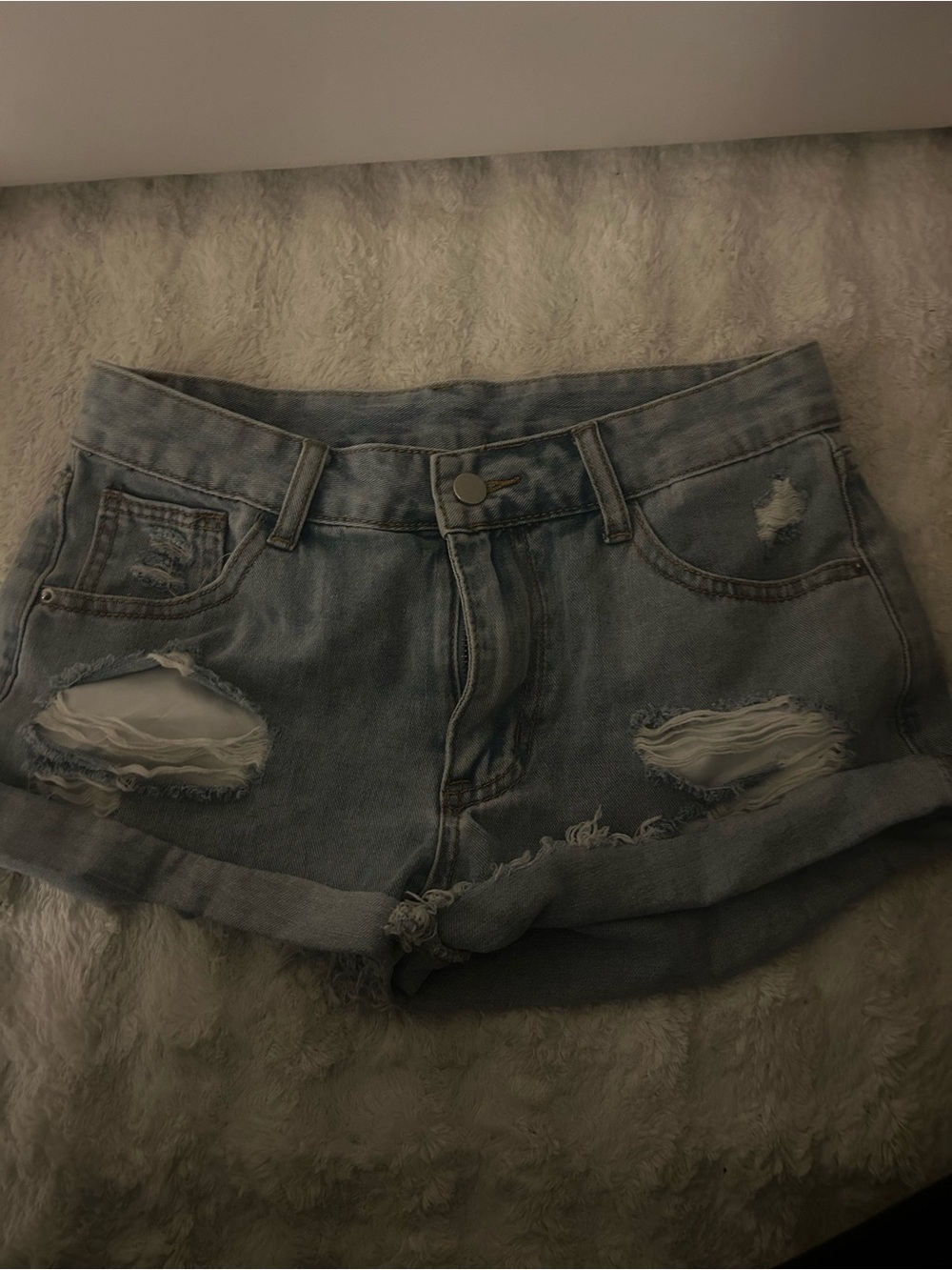 SHEIN Light Blue Distressed Rolled-Hem Denim Shorts